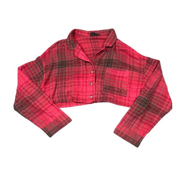 Out From Under Urban Outfitters Red Plaid Cropped Flannel Shirt Size Small - Picture 3 of 5